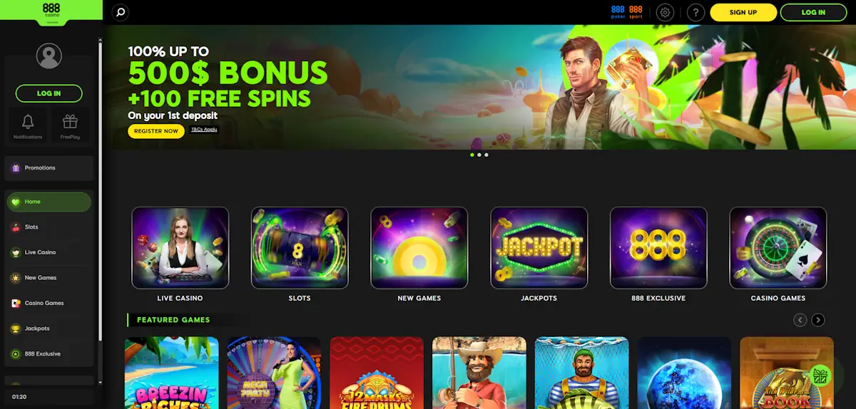 888 Casino Homepage Screenshot